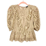 Express Tan Eyelet Lace Puffed Sleeve Ruffle Peplum Top- Size S (sold out online)