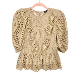 Express Tan Eyelet Lace Puffed Sleeve Ruffle Peplum Top- Size S (sold out online)