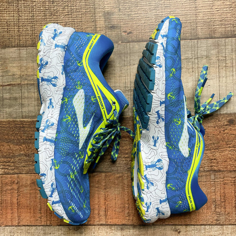 Brooks Launch 5 Blue/Neon Anchor and Lobster Print Sneakers- Size 8 (LIKE NEW CONDITION)