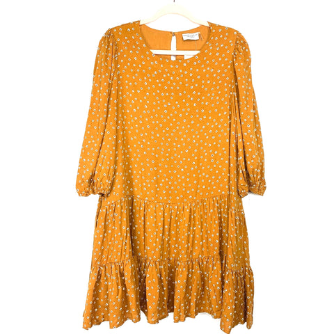 Dress Forum Mustard Floral Print Puff Sleeve Ruffle Bottom Loop Closure Back NWT- Size L