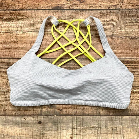 Lululemon White/Light Grey Striped Yellow Straps Padded Sports Bra- Size 8
