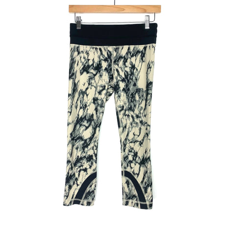 Lululemon Black & Tan Marble Print Black Waist Band With Zipper On Back Waist Crop Leggings- Size 4 (Inseam 20")