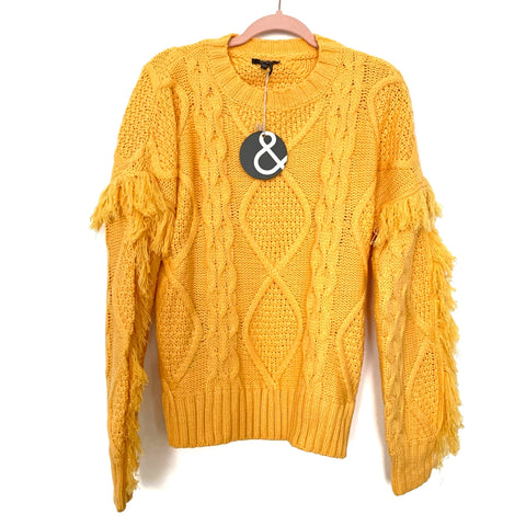 & Merci Mustard Yellow Cable Knit And Fringe Sleeve Sweater NWT- Size S