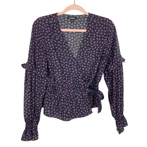Express Black and Purple Floral Faux Wrap Top- Size S