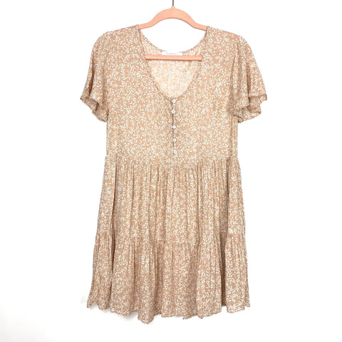 Olivaceous Pink/White Leaf Pattern Babydoll Dress- Size M