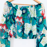 ASTR Off the Shoulder Green Floral Sheer Bell Sleeve Blouse- Size XS