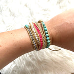 Lizou Turquoise/White/Silver/Pink Beaded Leather Wrap Bracelet