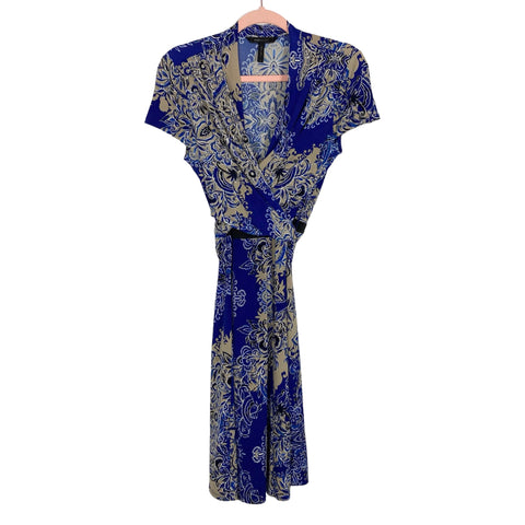 BCBGMaxazria Blue and Gold Printed Faux Wrap Dress- Size S