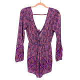 Gianni Bini Purple and Orange Printed Tie Front Open Back Slit Sleeves Romper NWT- Size XS
