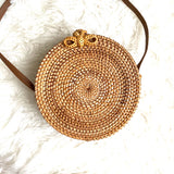 No Brand Round Rattan Leather Strap Bow Closure Crossbody Bag NWT