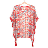 Jade Melody Tam Red/Blue Floral with Crochet Trim and Tassels Sheer Poncho Cover Up- Size M/L