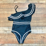 No Brand Black/White One Shoulder Padded Ruffle One Piece- Size S