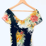 June & Hudson Black Floral Ruffle Cold Shoulder Maxi with Partial Lining- Size XS