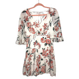 Ecowish White Floral Print V Neck Batwing Ruffle Hem Hollow Out Boho Mini Dress- Size M