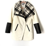 Venus Cream Plaid Collar Faux Leather Cuff Coat- Size 2