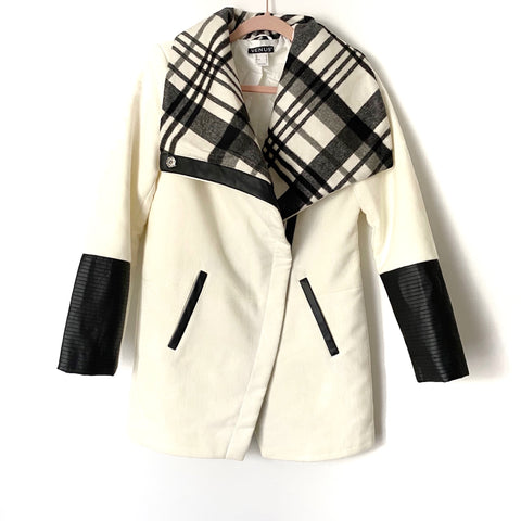 Venus Cream Plaid Collar Faux Leather Cuff Coat- Size 2