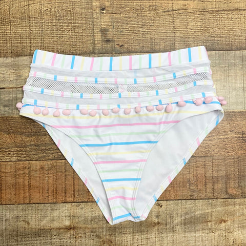 Pink Lily White with Pastel Stripes Mesh and Poms Bikini Bottoms- Size L (we have matching top)