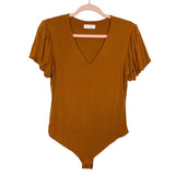 Vestique Camel V-Neck Puffed Sleeve Bodysuit- Size L