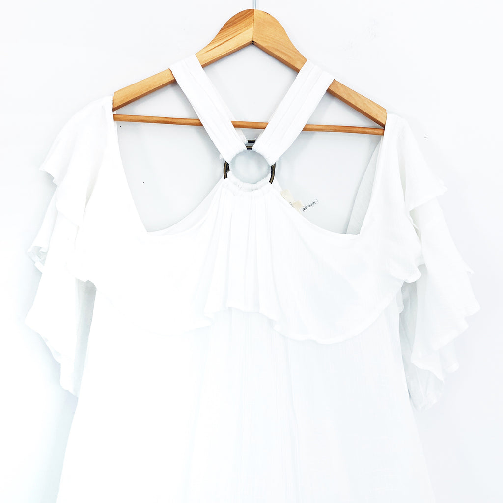 Entro White Cold Shoulder Ruffle Sleeve Dress- Size S – The Saved Collection Entro White Cold Shoulder Ruffle Sleeve Dress- Size S – The Saved Collection