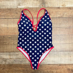 Beach Joy Navy with White Stars and Red Trim Deep V Padded One Piece- Size S