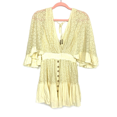Free People Light Yellow Crochet Lace V-Neck Button Detail Romper (looks like a dress!) NWT- Size S