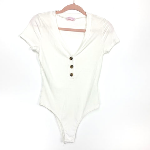 Pink Lily White Ribbed Faux Button Bodysuit- Size S