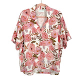 Brooke Wright Cream and Pink Floral V-Neck Cotton and Linen Blend Top- Size ~M/L (see notes)