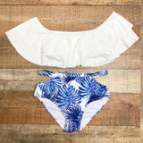 PatPat White Ruffle Off the Shoulder Padded Top and Blue Palm Print Bottom Bikini Set- Size M (sold as set, sold out online)