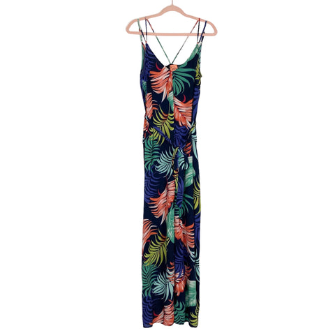 Aakaa Bright Tropical Palm Print with Tie Belt and Double Straps Wide Leg Jumpsuit- Size M (see notes)