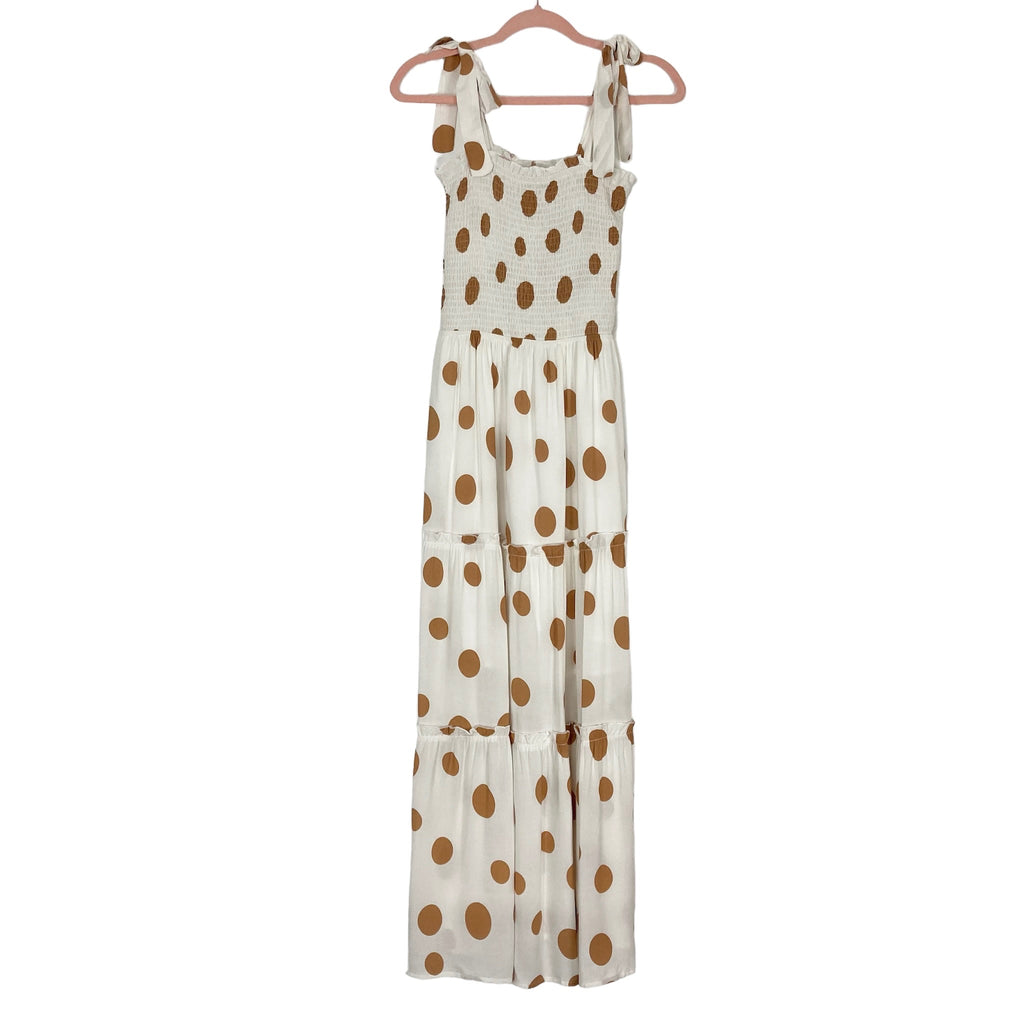 Zesica (Amazon) Ivory with Tan Polka Dots Smocked Bodice Maxi Dress NW The Saved Collection Zesica (Amazon) Ivory with Tan Polka Dots Smocked Bodice Maxi Dress NW The Saved Collection