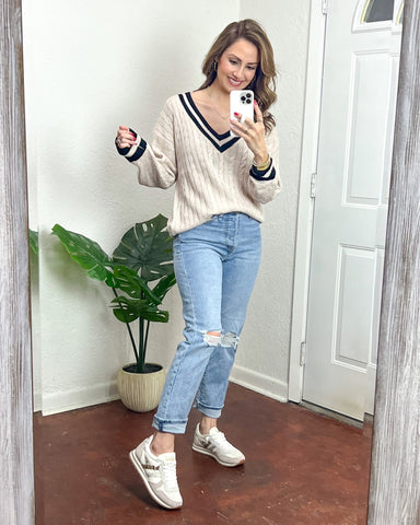Blu Pepper Beige Cable Knit with Black Stripe Trim Sweater NWT- Size S (sold out online)
