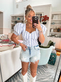 Express Blue/White Striped Button Front Puff Sleeve Thong Bodysuit NWT- Size S