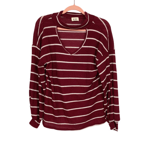 BiBi Burgundy and White Striped Choker Waffle Knit Top- Size S (sold out online)