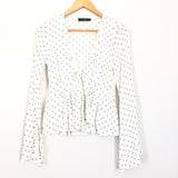 Blue Blush Polka Dot Bell Sleeve Front Knot Top- Size S