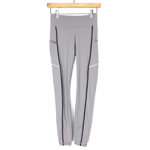 Lululemon Light Grey With Black/Silver Metallic Stripe, Side Pockets, Zipper On Back Waistband- Size 4 (Inseam 27")