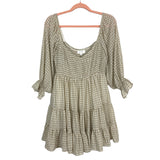 Mable Tan/White Gingham Smocked Bodice Ruffle Hem Dress- Size M