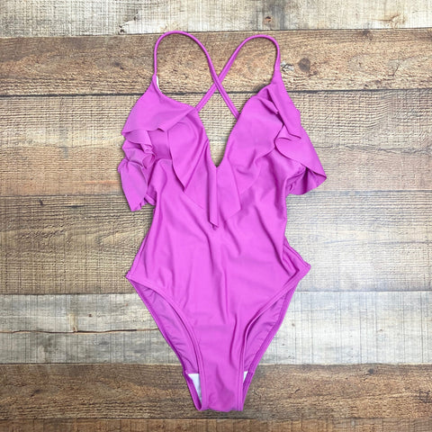 Figleaves Pink Deep V Ruffle Padded One Piece- Size 8 (see notes)