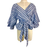 WAYF Slate/White Striped Beckett Tiered Bell Sleeve Wrap Top- Size L (sold out online, see notes)