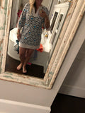 Jude Connally Ivory and Blue Nylon Print Dress- Size XL