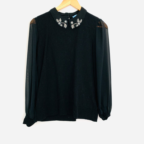 CeCe Black Beaded Collared Blouse with Sheer Sleeves - Size S
