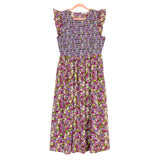 English Factory Purple Floral Pattern Smocked Bodice Flutter Sleeve Dress- Size L