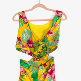 Impressions Yellow Hawaiian Print Cut Out Back Tie Double Front Slit Dress NWT- Size S