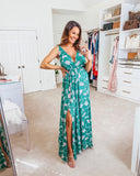 Aakaa Green Floral Wrap Bodice Deep V-Neck with Tassel Tie Back Maxi Dress- Size M