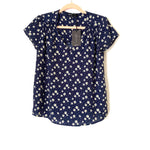 Gibson Navy Daisy Print Smocked Detail V Neck Top NWT- Size XXS )