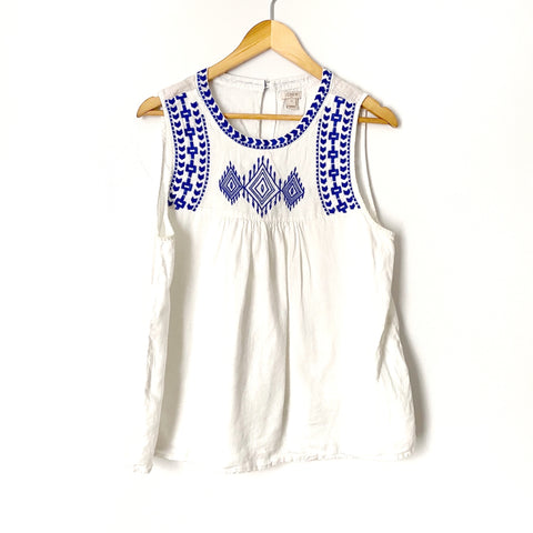 J. Crew White Linen Blue Embroidered Top-Size 12