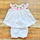 Delaney White and Pink Polka Dot Strawberry Smocked Dress with Bloomers- Size 9M