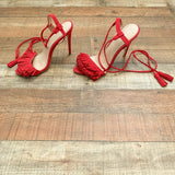 Boohoo Red Lace Up Ankle Fringe Front Heels- Size 9 (See Notes)