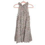 Aura Ivory with Pink/Green/Brown Floral Pattern Ruffle Neck with Tie Back Tiered Dress- Size S