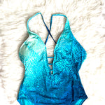 Carmen Marc Valvo Greens and Blues Front Beaded Plunge Neckline Strappy Back Tie One Piece- Size 14