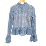 A. Calin by Flying Tomato Blue Lace Mock Neck Bell Sleeve Blouse- Size S